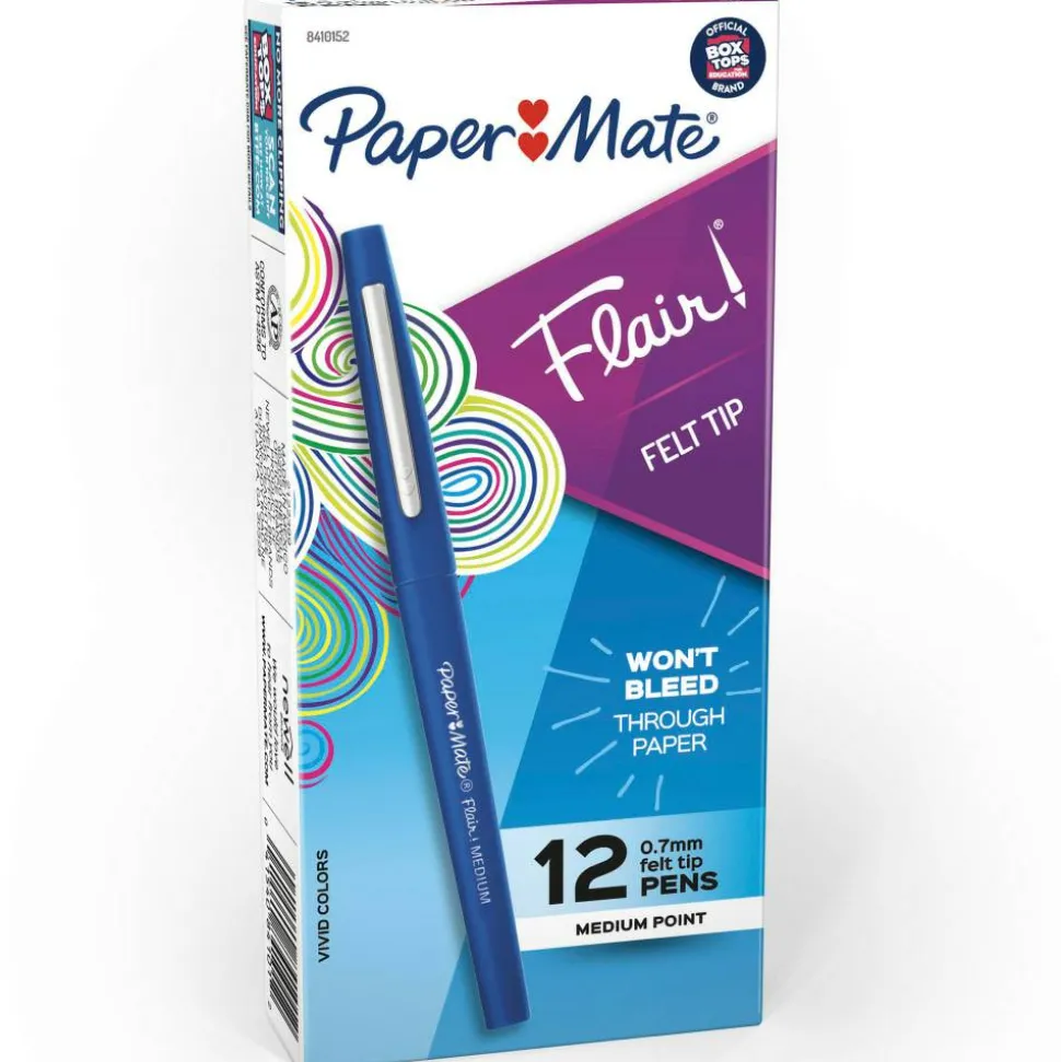 Paper Mate Flair Porous-Point Pens, Medium Point, 0.7 mm, Blue Barrel, Blue Ink, Pack Of 12