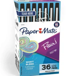 Paper Mate Flair Porous-Point Pens, Medium Point, 0.7 mm, Black Barrel, Black Ink, Pack Of 36 Pens