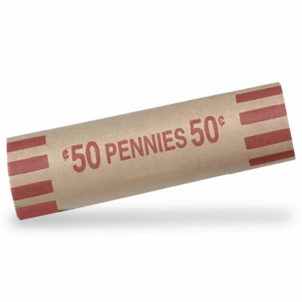 PAP-R Tubular Coin Wrappers - Total $0.50 in 50 Coins of 1¢ Denomination - Heavy Duty, Burst Resistant - Kraft - Red, 1000/Pack
