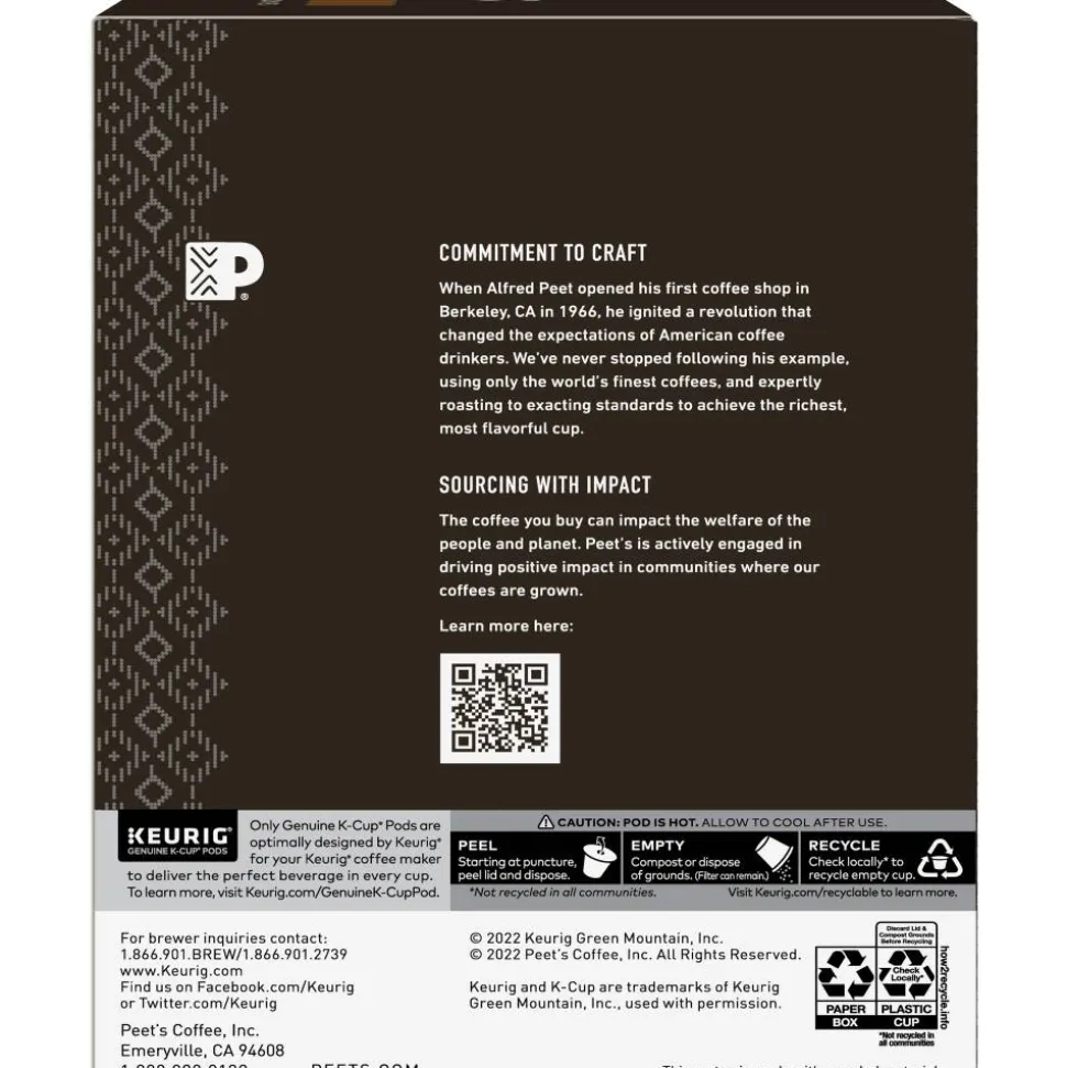 Peet's Coffee Major Dickason's Keurig Single Serve K-Cup Pods, Dark Roast, 22 Pods Per Pack, Case Of 4 Packs