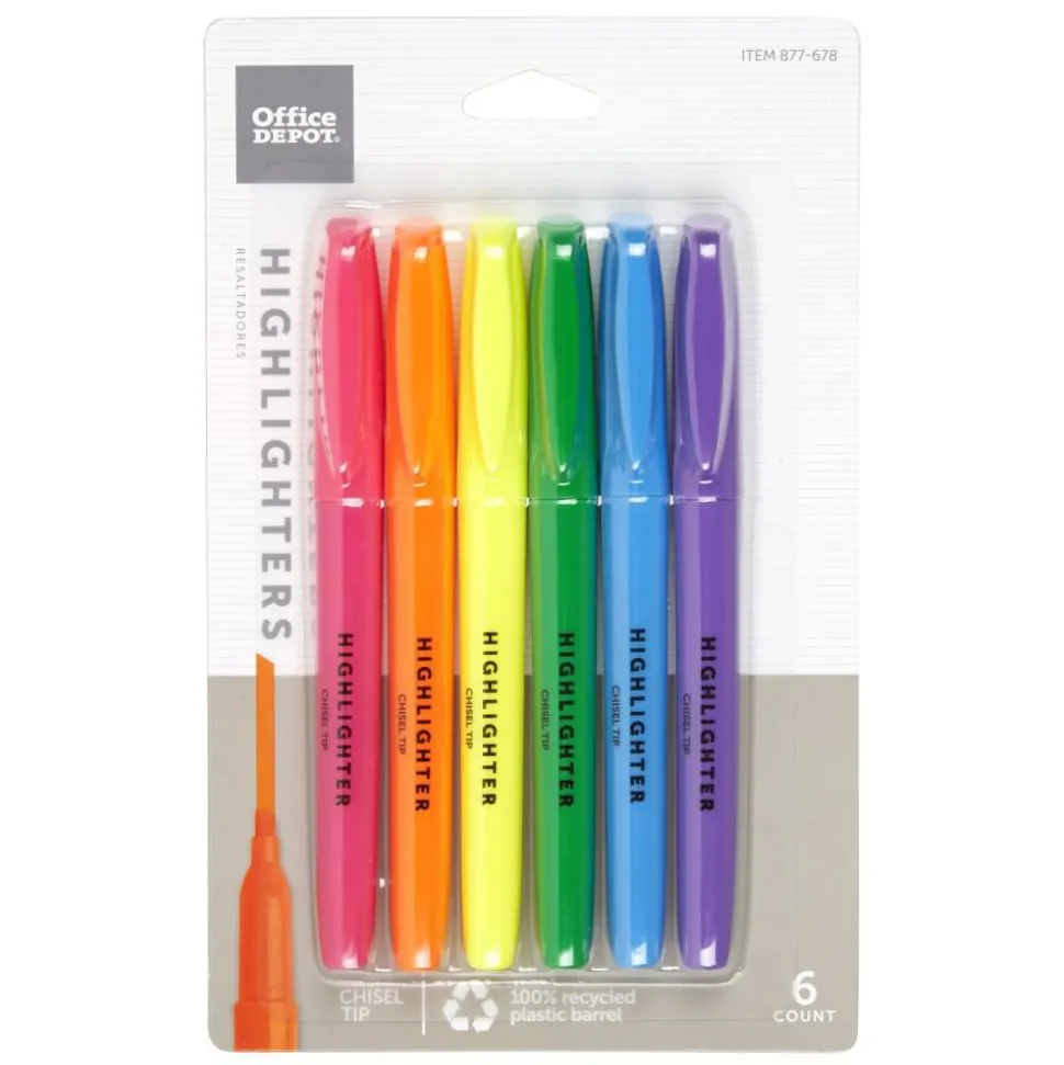 Pen-Style Highlighters, Chisel Point, 100% Recycled Plastic Barrel, Assorted Colors, Pack Of 6 Highlighters