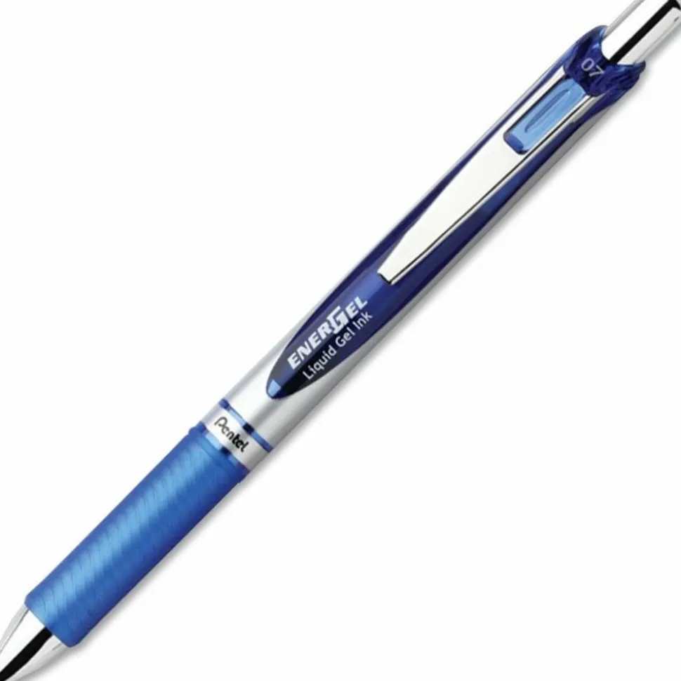 Pentel EnerGel Retractable Liquid Gel Pens, Medium Point, 0.7 mm, Silver Barrel, Blue Ink, Pack Of 12