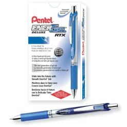 Pentel EnerGel Retractable Liquid Gel Pens, Medium Point, 0.7 mm, Silver Barrel, Blue Ink, Pack Of 12