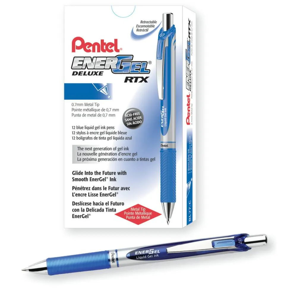 Pentel EnerGel Retractable Liquid Gel Pens, Medium Point, 0.7 mm, Silver Barrel, Blue Ink, Pack Of 12