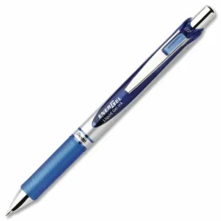 Pentel EnerGel Retractable Liquid Gel Pens, Medium Point, 0.7 mm, Silver Barrel, Blue Ink, Pack Of 12