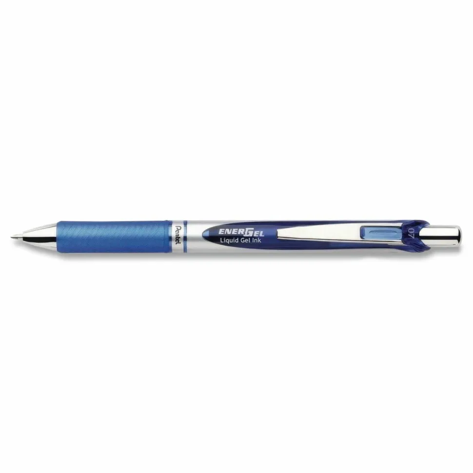 Pentel EnerGel Retractable Liquid Gel Pens, Medium Point, 0.7 mm, Silver Barrel, Blue Ink, Pack Of 12