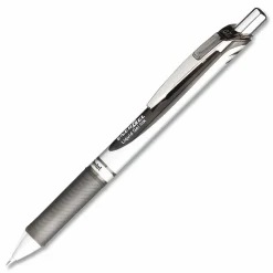 Pentel EnerGel Retractable Liquid Gel Pens, Medium Point, 0.7 mm, Silver Barrel, Black Ink, Pack Of 12