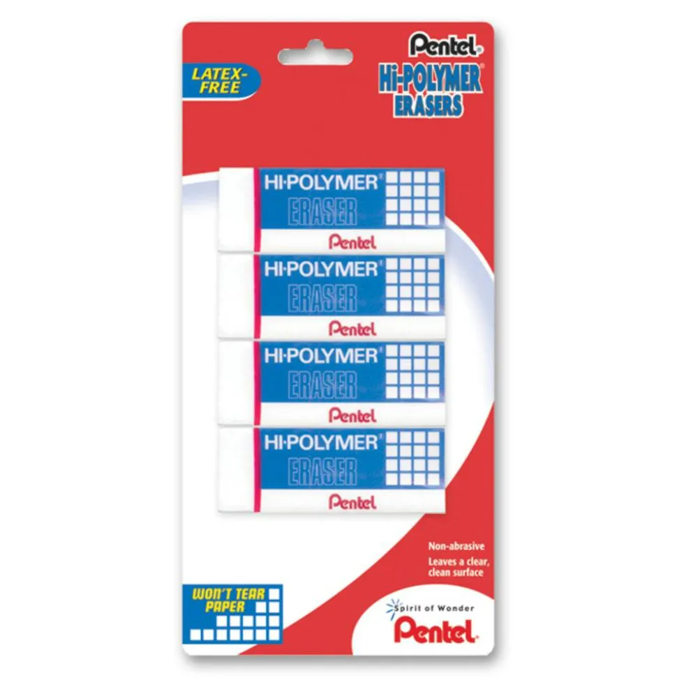 Pentel Hi-Polymer Erasers, White, Pack Of 4