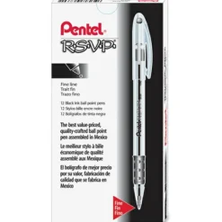 Pentel R.S.V.P. Ballpoint Pens, Fine Point, 0.7 mm, Clear Barrel, Black Ink, Pack Of 12