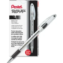 Pentel R.S.V.P. Ballpoint Pens, Medium Point, 1.0 mm, Clear Barrel, Black Ink, Pack Of 12