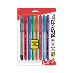 Pentel R.S.V.P. Ballpoint Pens, Medium Point, 1.0 mm, Clear Barrel, Assorted Ink Colors, Pack Of 8