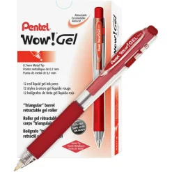 Pentel Wow! Retractable Gel Roller Pens, Medium Point, 0.7 mm, Clear Barrel, Red Ink, Pack Of 12