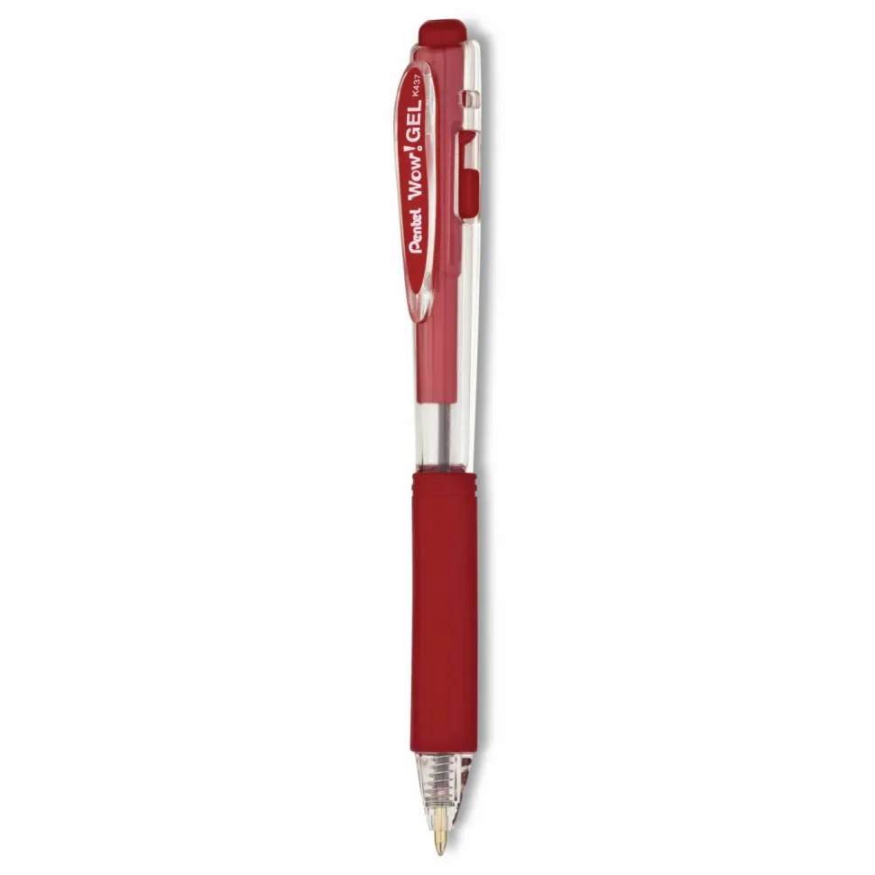 Pentel Wow! Retractable Gel Roller Pens, Medium Point, 0.7 mm, Clear Barrel, Red Ink, Pack Of 12