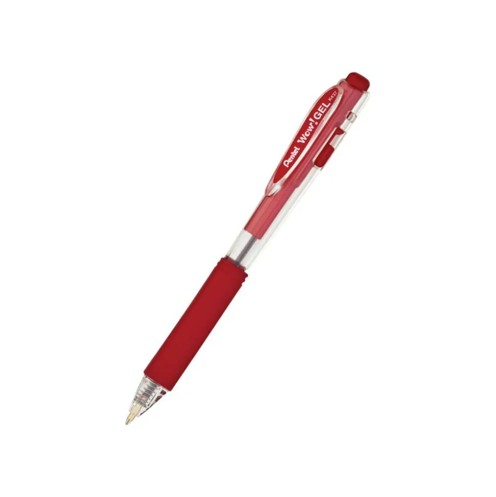 Pentel Wow! Retractable Gel Roller Pens, Medium Point, 0.7 mm, Clear Barrel, Red Ink, Pack Of 12