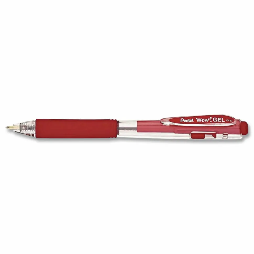 Pentel Wow! Retractable Gel Roller Pens, Medium Point, 0.7 mm, Clear Barrel, Red Ink, Pack Of 12
