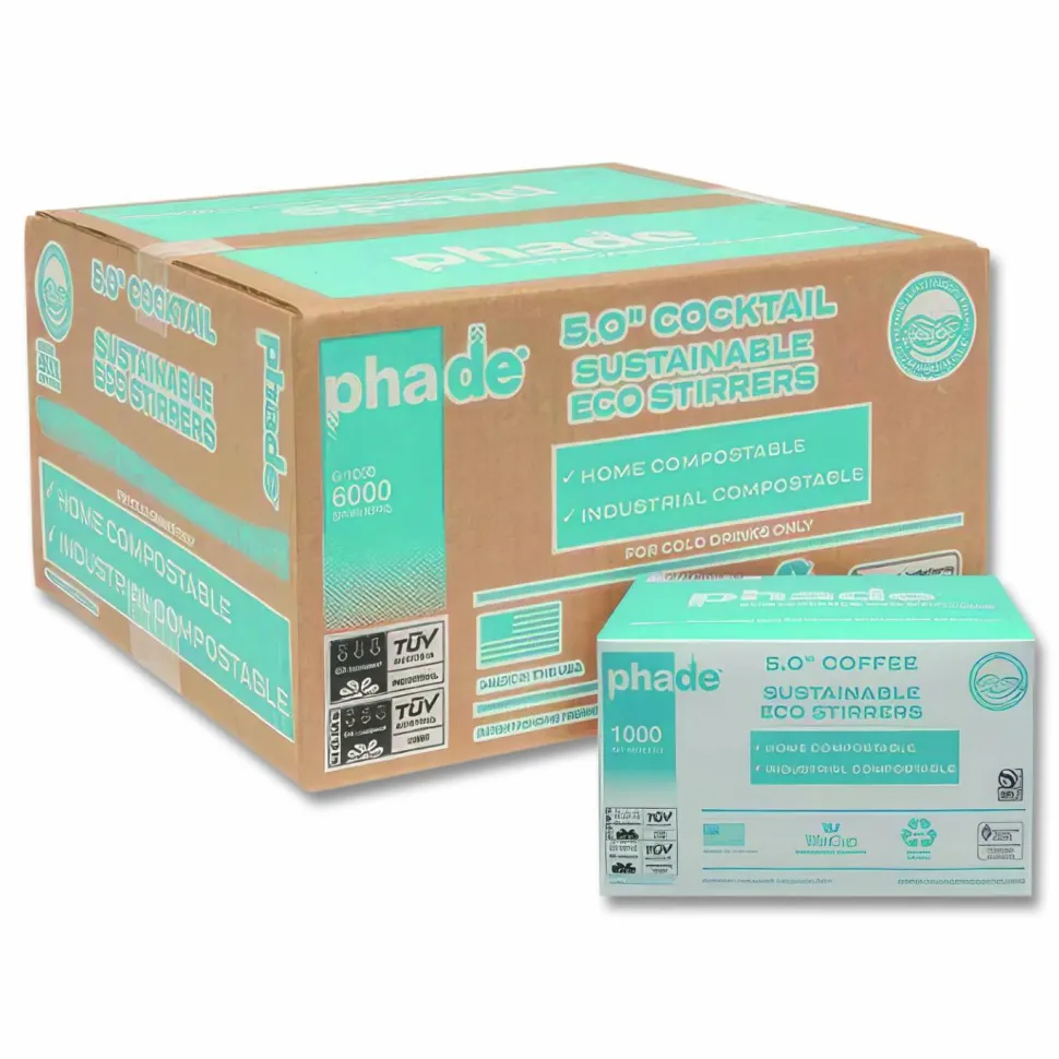 phade Stir Straws, 5", Ocean Blue, 1,000 Straws Per Box, Carton Of 6 Boxes