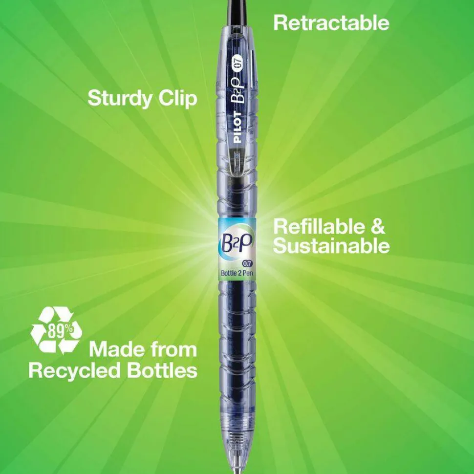 Pilot "Bottle to Pen" B2P Retractable Gel Pens, Fine Point, 0.7 mm, 89% Recycled, Translucent Barrel, Black Ink, Pack Of 12