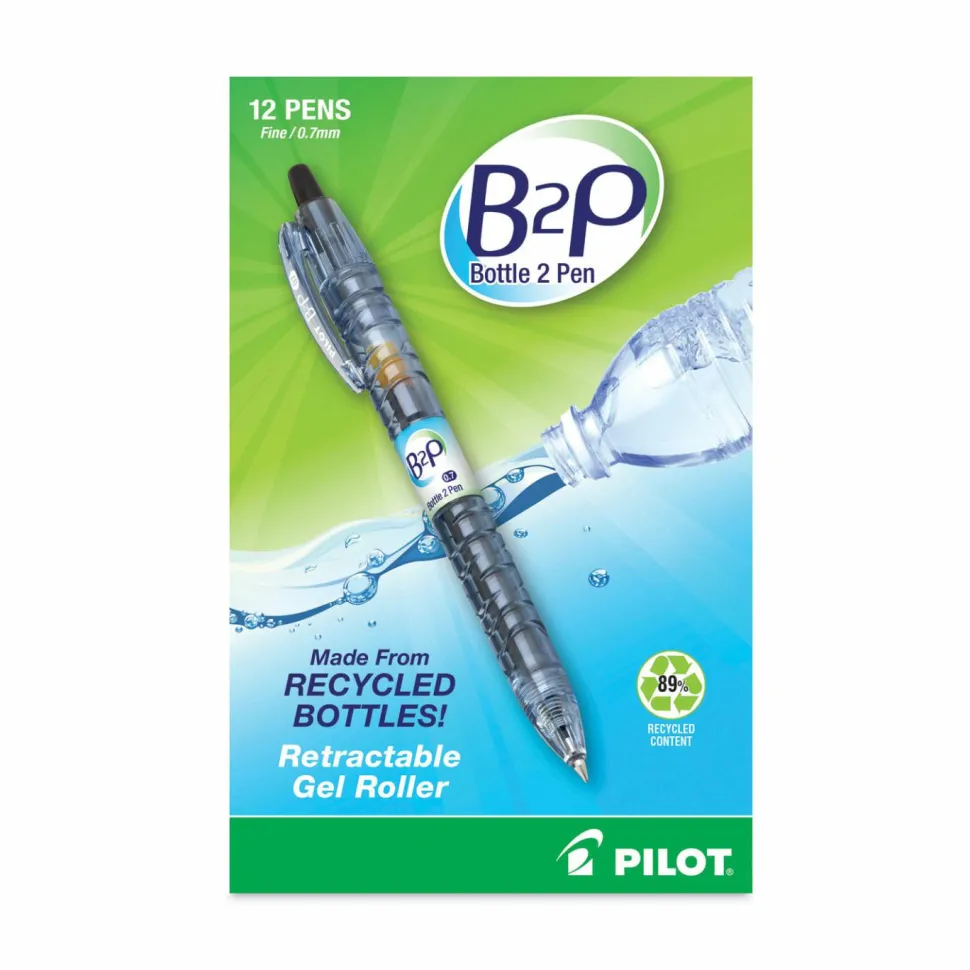 Pilot "Bottle to Pen" B2P Retractable Gel Pens, Fine Point, 0.7 mm, 89% Recycled, Translucent Barrel, Black Ink, Pack Of 12