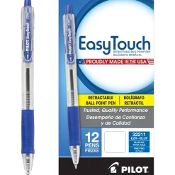 Pilot EasyTouch Retractable Ballpoint Pens, Fine Point, 0.7 mm, Clear Barrel, Blue Ink, Pack Of 12