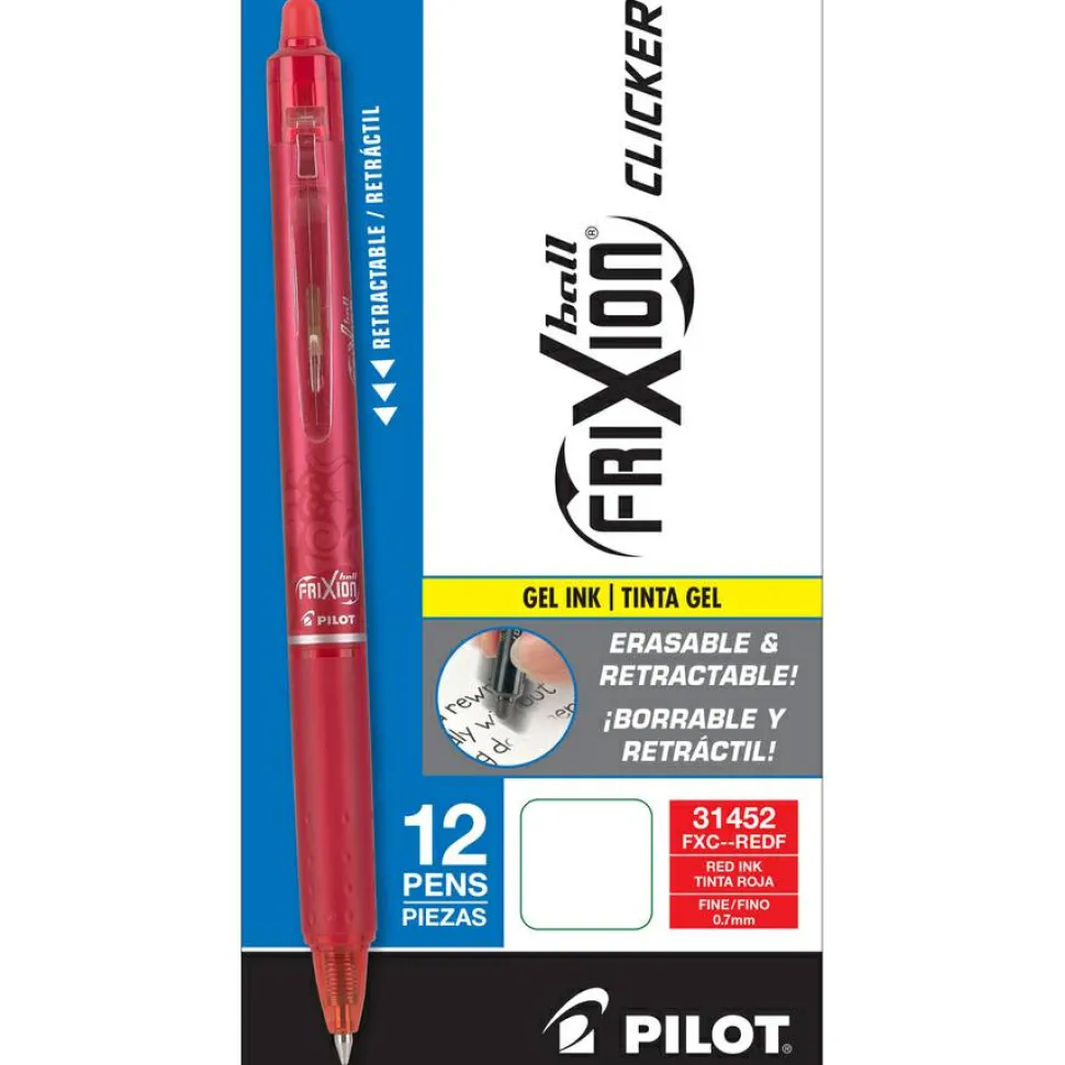 Pilot FriXion Ball Clicker Erasable Retractable Gel Pens, Pack of 12, Fine Point, 0.7 mm, Red Barrels, Red Ink