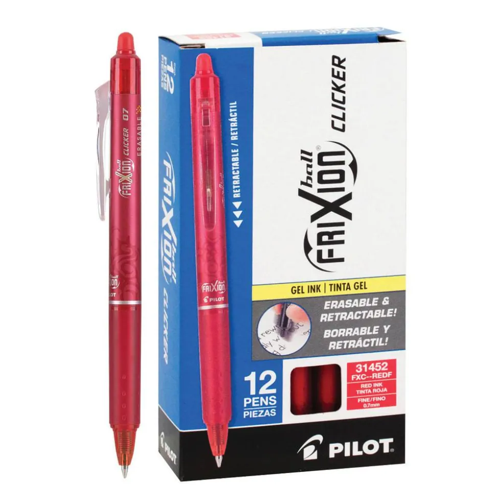 Pilot FriXion Ball Clicker Erasable Retractable Gel Pens, Pack of 12, Fine Point, 0.7 mm, Red Barrels, Red Ink