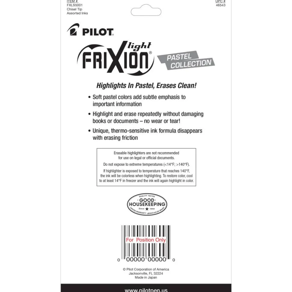 Pilot FriXion Light Pastel Erasable Highlighters, Pack of 5, Chisel Tip, Assorted Colors, 46543