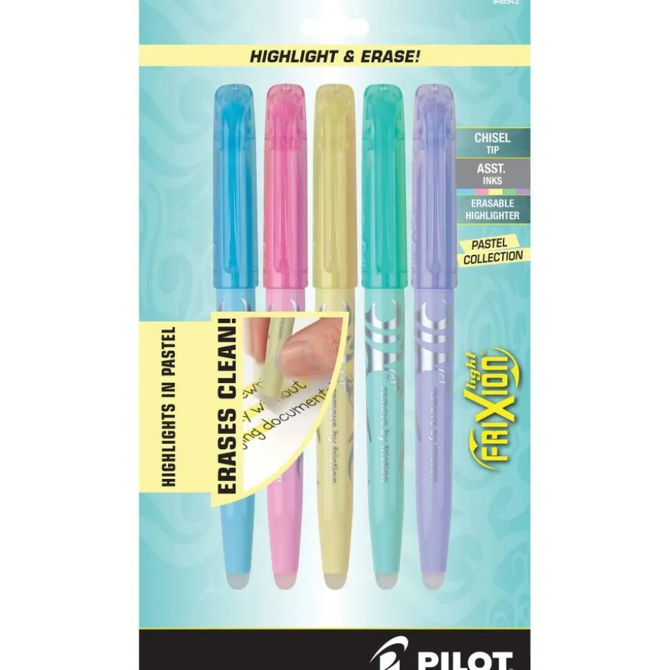 Pilot FriXion Light Pastel Erasable Highlighters, Pack of 5, Chisel Tip, Assorted Colors, 46543