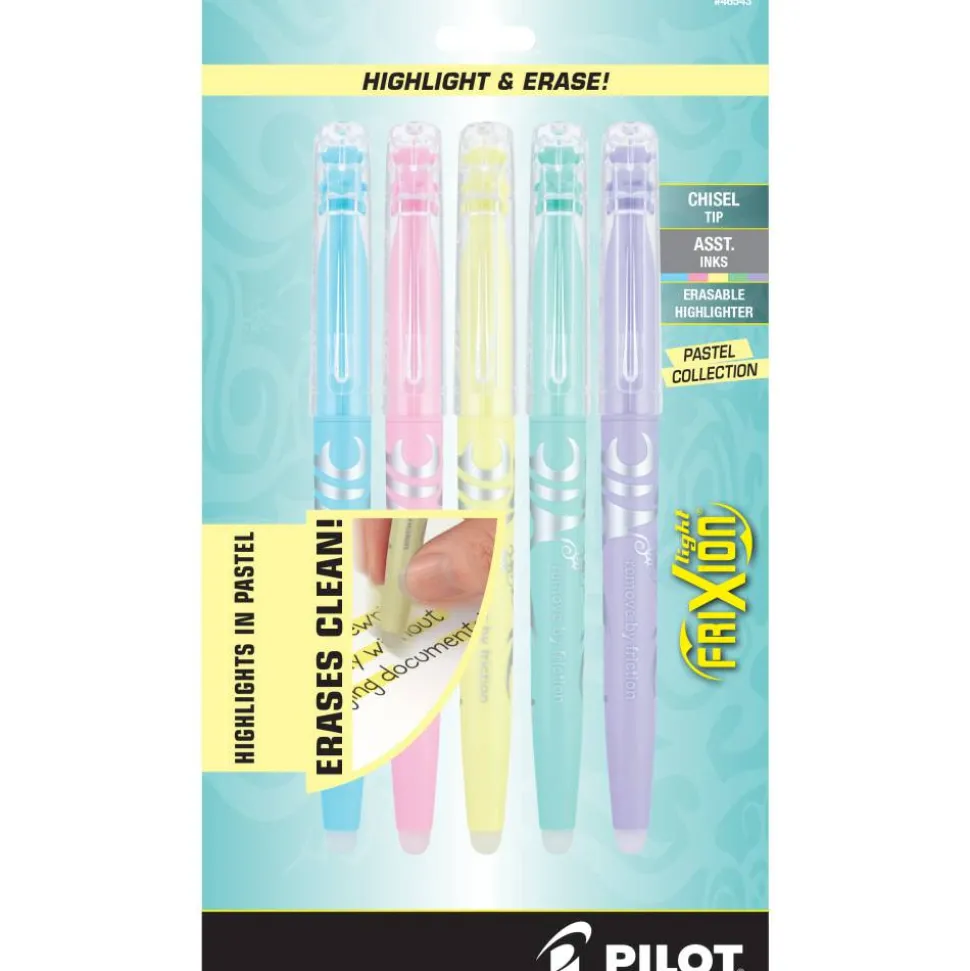 Pilot FriXion Light Pastel Erasable Highlighters, Pack of 5, Chisel Tip, Assorted Colors, 46543