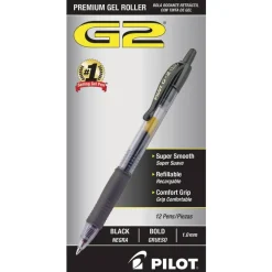 Pilot G2 Retractable Gel Pens, Bold Point, 1.0 mm, Clear Barrels, Black Ink, Pack Of 12 Pens