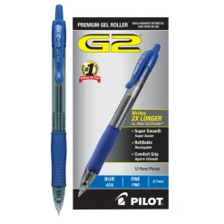 Pilot G2 Retractable Gel Pens, Fine Point, 0.7 mm, Clear Barrels, Blue Ink, Pack Of 12 Pens