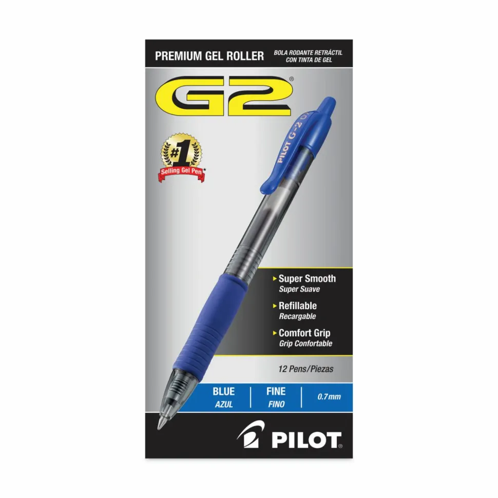 Pilot G2 Retractable Gel Pens, Fine Point, 0.7 mm, Clear Barrels, Blue Ink, Pack Of 12 Pens
