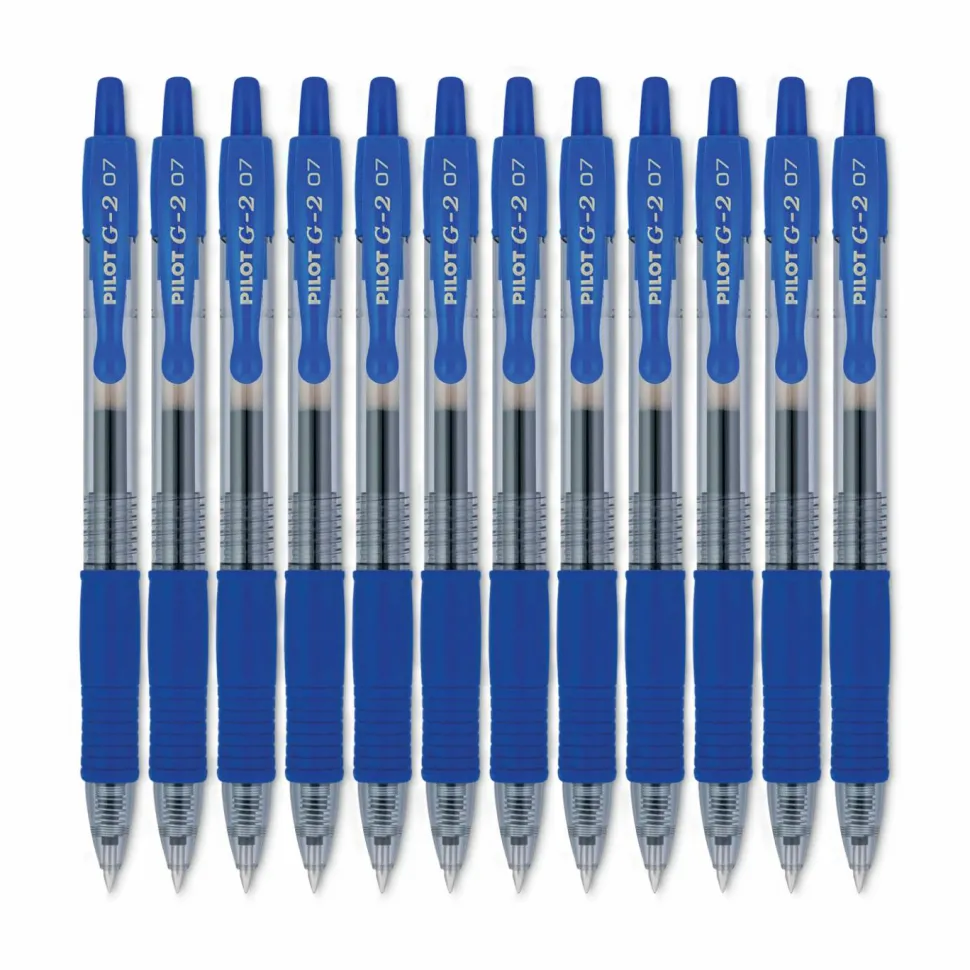 Pilot G2 Retractable Gel Pens, Fine Point, 0.7 mm, Clear Barrels, Blue Ink, Pack Of 12 Pens
