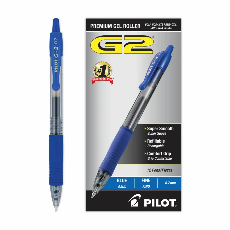 Pilot G2 Retractable Gel Pens, Fine Point, 0.7 mm, Clear Barrels, Blue Ink, Pack Of 12 Pens