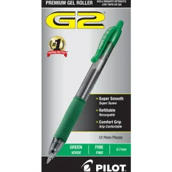 Pilot G2 Retractable Gel Pens, Fine Point, 0.7 mm, Clear Barrels, Green Ink, Pack Of 12 Pens