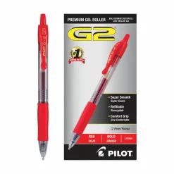 Pilot G2 Retractable Gel Pens, Bold Point, 1.0 mm, Clear Barrels, Red Ink, Pack Of 12