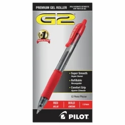 Pilot G2 Retractable Gel Pens, Bold Point, 1.0 mm, Clear Barrels, Red Ink, Pack Of 12