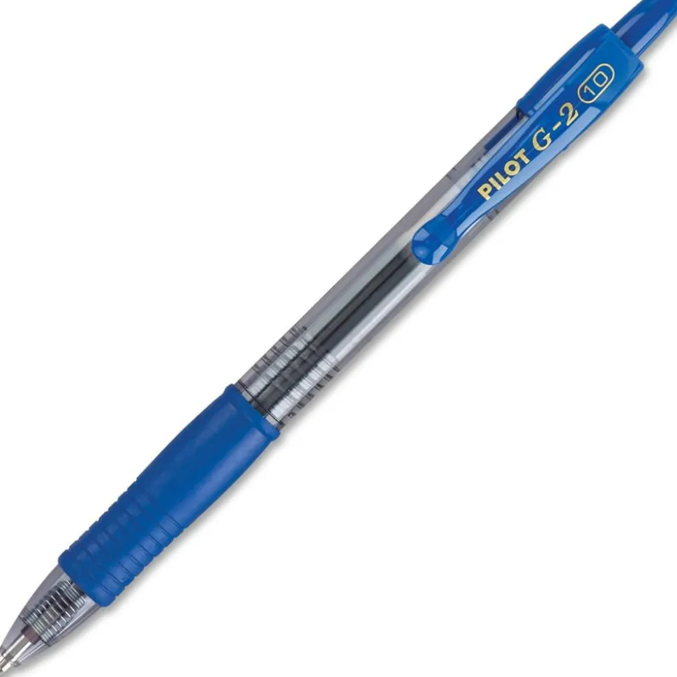 Pilot G2 Retractable Gel Pens, Bold Point, 1.0 mm, Clear Barrels, Blue Ink, Pack Of 12 Pens