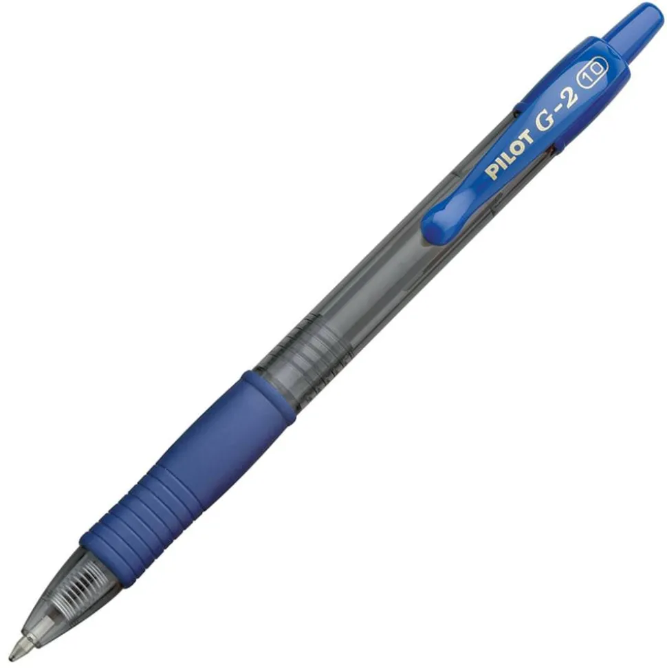 Pilot G2 Retractable Gel Pens, Bold Point, 1.0 mm, Clear Barrels, Blue Ink, Pack Of 12 Pens