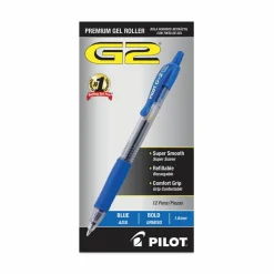 Pilot G2 Retractable Gel Pens, Bold Point, 1.0 mm, Clear Barrels, Blue Ink, Pack Of 12 Pens