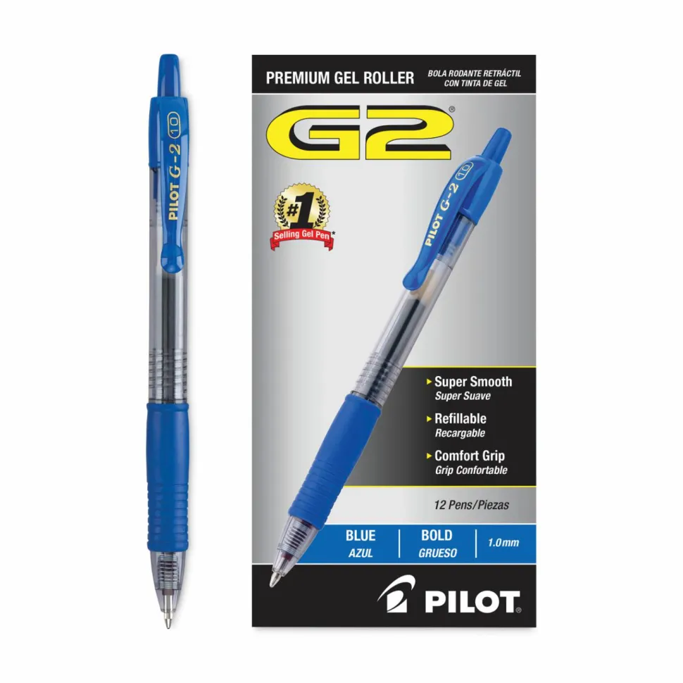 Pilot G2 Retractable Gel Pens, Bold Point, 1.0 mm, Clear Barrels, Blue Ink, Pack Of 12 Pens