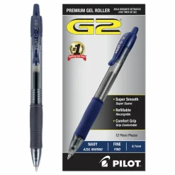 Pilot G2 Retractable Gel Pens, Fine Point, 0.7 mm, Clear Barrels, Navy Ink, Pack Of 12 Pens