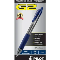Pilot G2 Retractable Gel Pens, Fine Point, 0.7 mm, Clear Barrels, Navy Ink, Pack Of 12 Pens