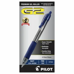 Pilot G2 Retractable Gel Pens, Fine Point, 0.7 mm, Clear Barrels, Navy Ink, Pack Of 12 Pens