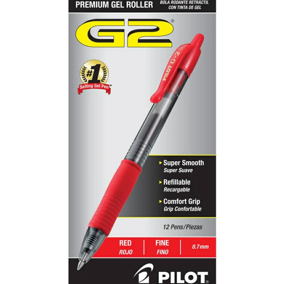 Pilot G2 Retractable Gel Pens, Fine Point, 0.7 mm, Clear Barrels, Red Ink, Pack Of 12 Pens