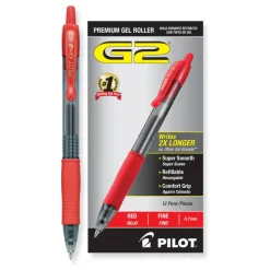 Pilot G2 Retractable Gel Pens, Fine Point, 0.7 mm, Clear Barrels, Red Ink, Pack Of 12 Pens