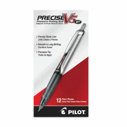 Pilot Precise V5 Liquid Ink Retractable Rollerball Pens, Extra Fine Point, 0.5 mm, Black Barrels, Black Ink, Pack Of 12