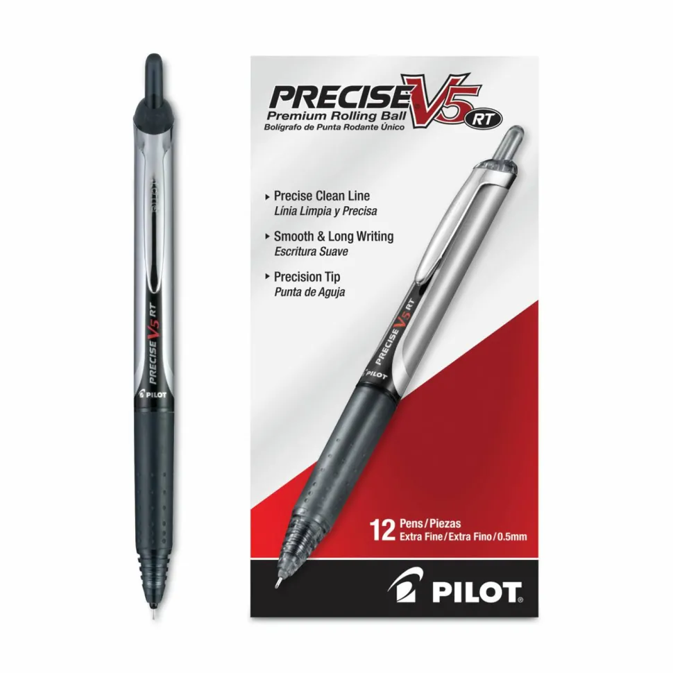 Pilot Precise V5 Liquid Ink Retractable Rollerball Pens, Extra Fine Point, 0.5 mm, Black Barrels, Black Ink, Pack Of 12