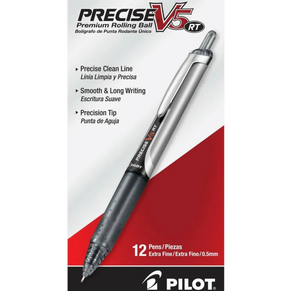 Pilot Precise V5 Liquid Ink Retractable Rollerball Pens, Extra Fine Point, 0.5 mm, Black Barrels, Black Ink, Pack Of 12