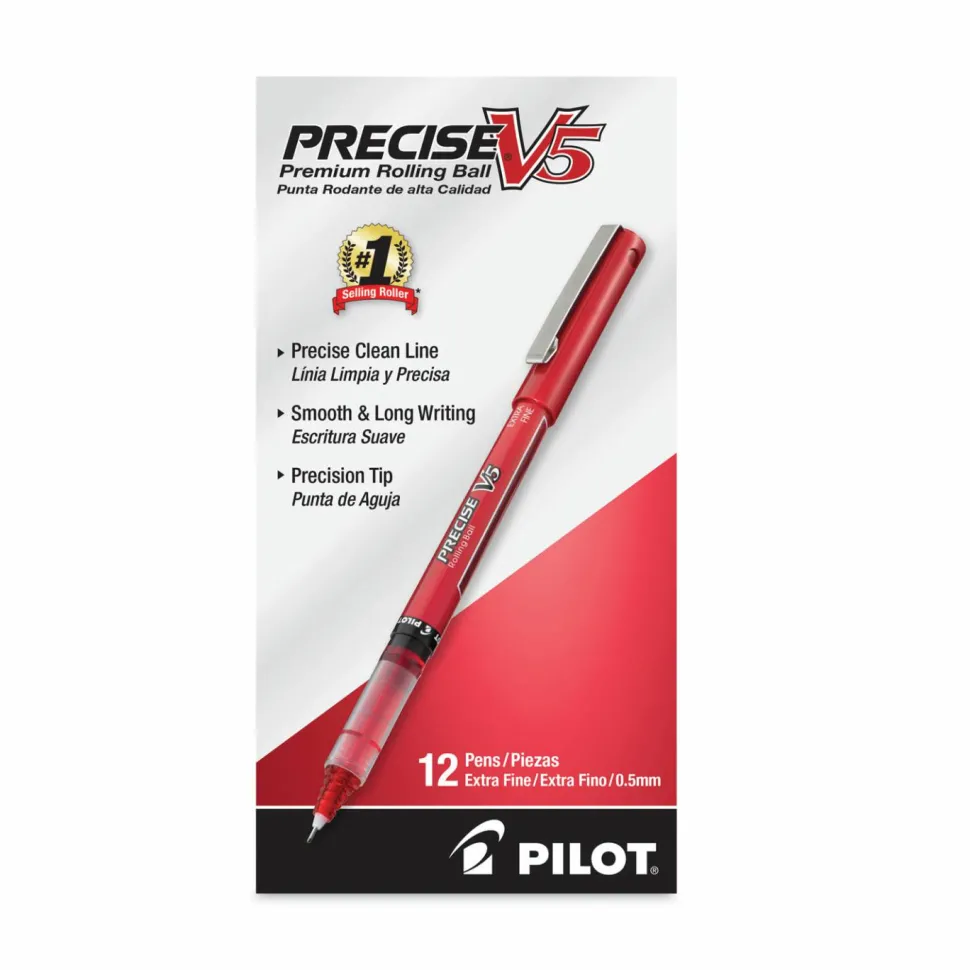Pilot Precise V5 Liquid Ink Rollerball Pens, Extra Fine Point, 0.5 mm, Red Barrel, Red Ink, Pack Of 12