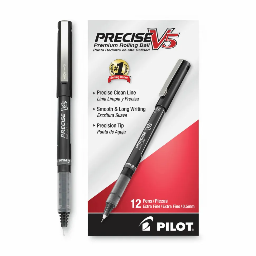 Pilot Precise V5 Rollerball Pen, Stick, Extra-Fine 0.5 mm, Black Ink, Black/Clear Barrel, Dozen